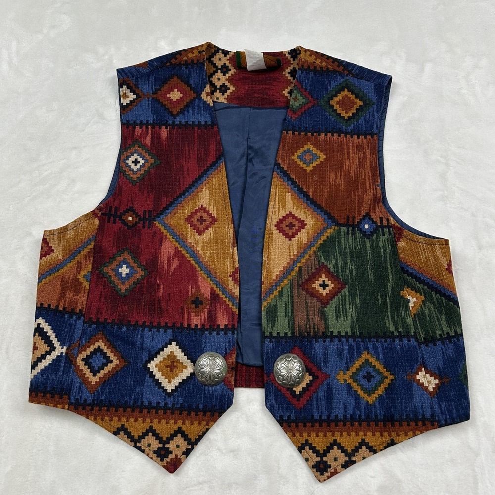 Wraps Tapestry Vest Womens Large Multicolor Southwest Concho Button Made in TX